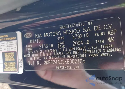 2019 Kia Forte Lxs из США, поврежденный, VIN 3KPF24AD5KE082105